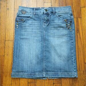 Jou Jou Skirt Women 30W (9/10) Stud Button Embellished Midi Denim Jean Whisker